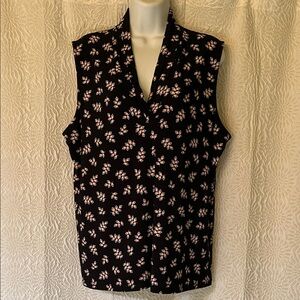 Anne Klein Sleeveless V-Neck Floral Blouse - Black with Pink Flowers